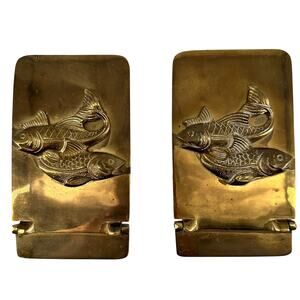 Vintage Brass Koi Fish Bookends Hinged Folding 5" Heavy Metal Decor